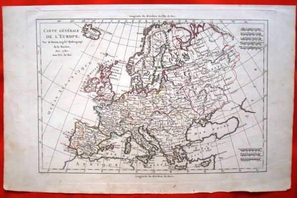 Mapa de Europa, original de 1780, por Rigobert Bonne. Raro ejemplar