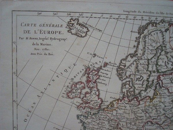 Mapa de Europa, original de 1780, por Rigobert Bonne. Raro ejemplar