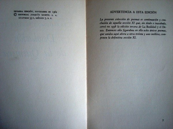 1962 Luis Cernuda, Desolación de la Quimera, sección XI, 1ª edición