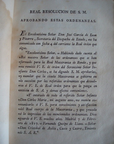 1817 Ordenanzas de la Real Maestranza de Ronda, original