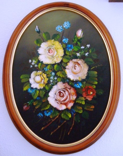 F. R. Yáñez, Flores, óleo sobre lienzo oval, 1987