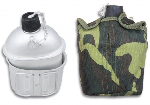 Cantimplora y marmita de aluminio y funda camuflaje