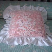 Pink cushion with white crochet front, unique piece