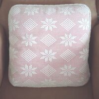Pink cushion with white crochet cover, unique piece
